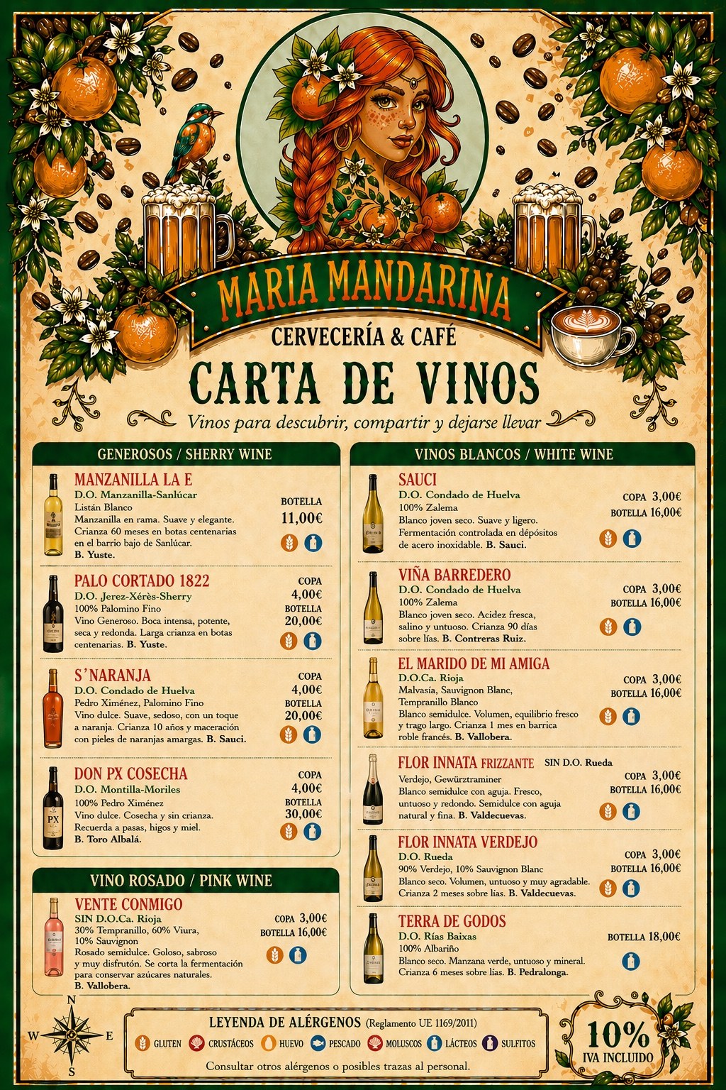 Original menu image: Wine List · Sherry, White & Rosé